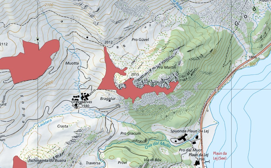 Carte nationale swisstopo avec le périmètre protégé de Muotta (Prairie sèche)