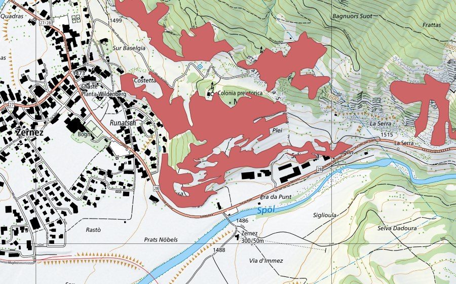 Landeskarte swisstopo mit dem Schutzperimeter von Muottas (Trockenwiese)