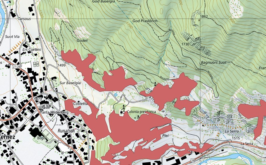 Carte nationale swisstopo avec le périmètre protégé de Muottas (Prairie sèche)
