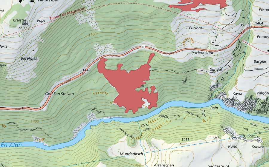 Carte nationale swisstopo avec le périmètre protégé de Muraraida (Prairie sèche)