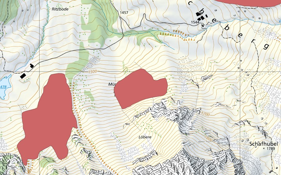 swisstopo national map showing the protected perimeter of Mürder (Dry meadow)