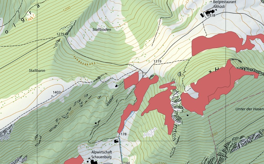 Landeskarte swisstopo mit dem Schutzperimeter von Müren (Trockenwiese)