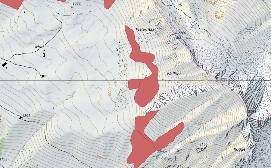 Carte nationale swisstopo avec le périmètre protégé de Muri (Prairie sèche)