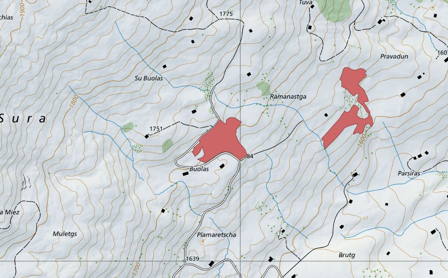 Carte nationale swisstopo avec le périmètre protégé de Murtès (Prairie sèche)