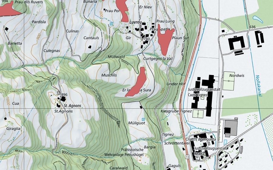 Carte nationale swisstopo avec le périmètre protégé de Muschlis (Prairie sèche)