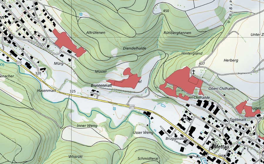 swisstopo national map showing the protected perimeter of Müsler (Dry meadow)