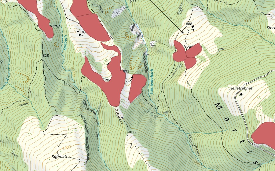 Landeskarte swisstopo mit dem Schutzperimeter von Musschwändeli (Trockenwiese)
