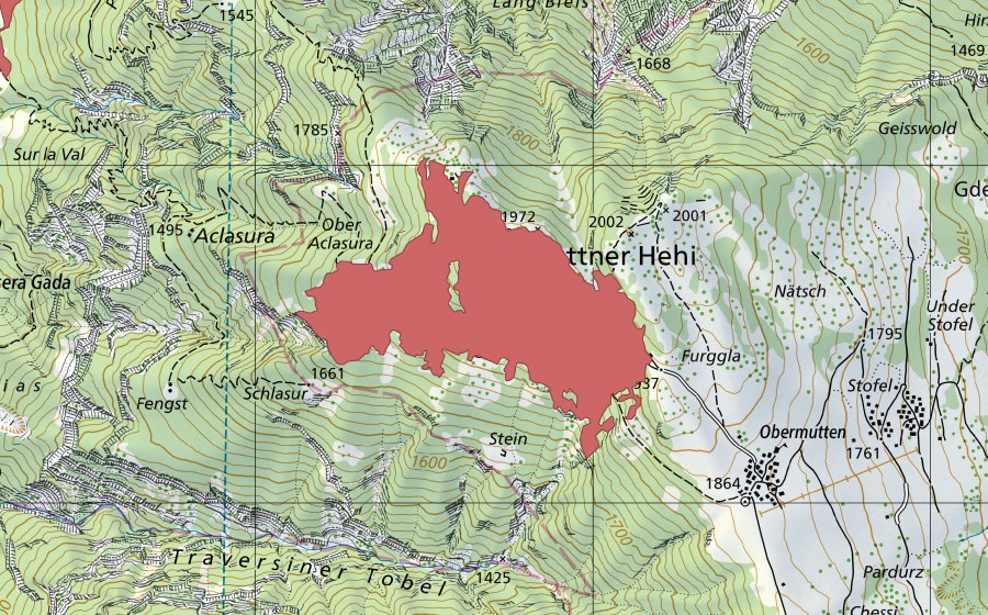 Carte nationale swisstopo avec le périmètre protégé de Muttner Berge (Prairie sèche)