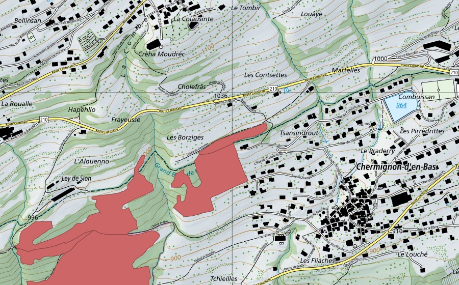 Carte nationale swisstopo avec le périmètre protégé de Nan (Prairie sèche)