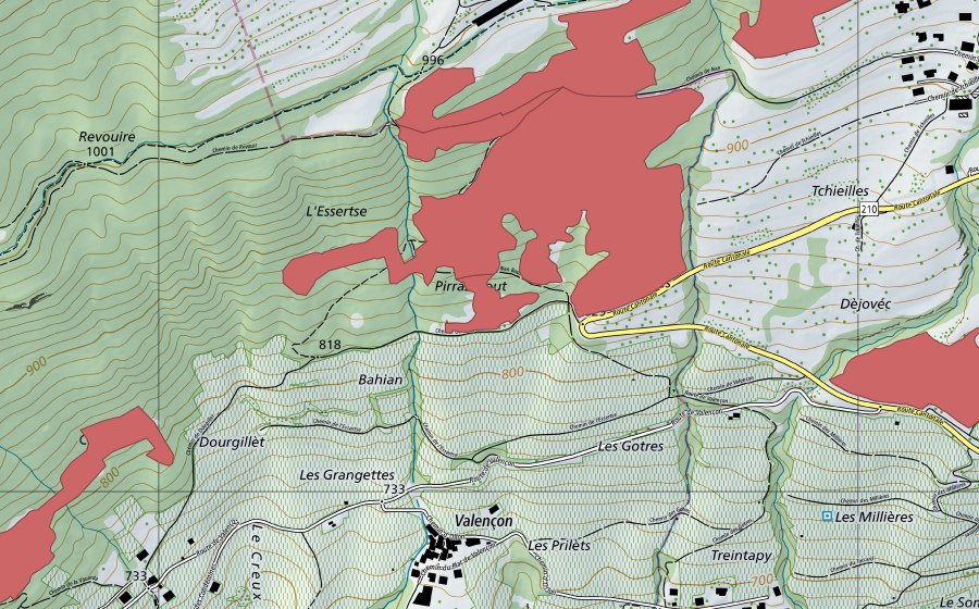 swisstopo national map showing the protected perimeter of Nan (Dry meadow)