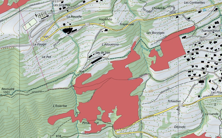 Carte nationale swisstopo avec le périmètre protégé de Nan (Prairie sèche)