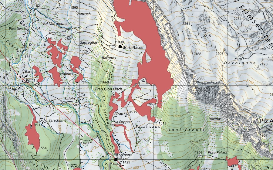 Carte nationale swisstopo avec le périmètre protégé de Naraus (Prairie sèche)