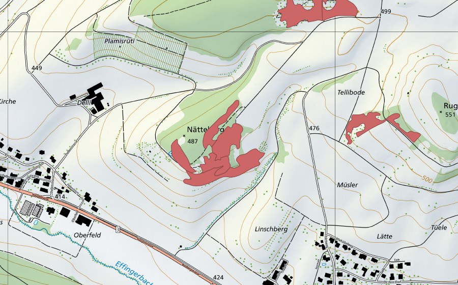 Landeskarte swisstopo mit dem Schutzperimeter von Nätteberg (Trockenwiese)