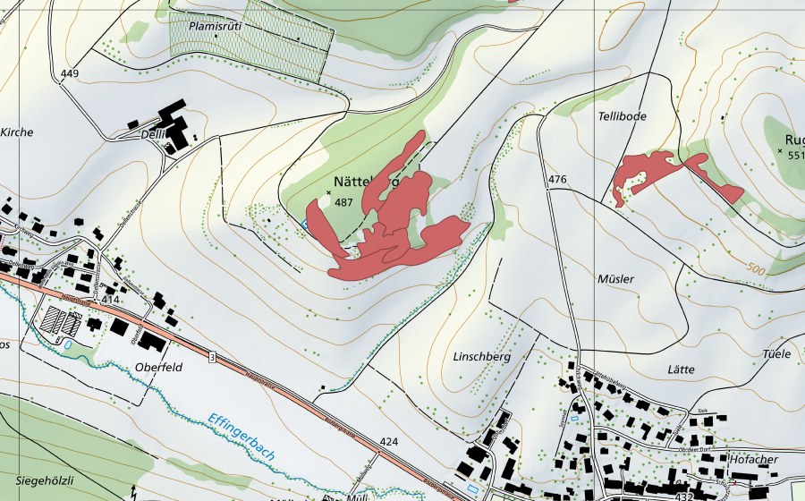 Landeskarte swisstopo mit dem Schutzperimeter von Nätteberg (Trockenwiese)