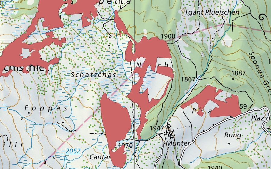 Carte nationale swisstopo avec le périmètre protégé de Nesch (Prairie sèche)