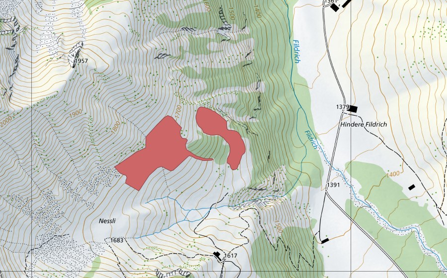 Carte nationale swisstopo avec le périmètre protégé de Nessli (Prairie sèche)
