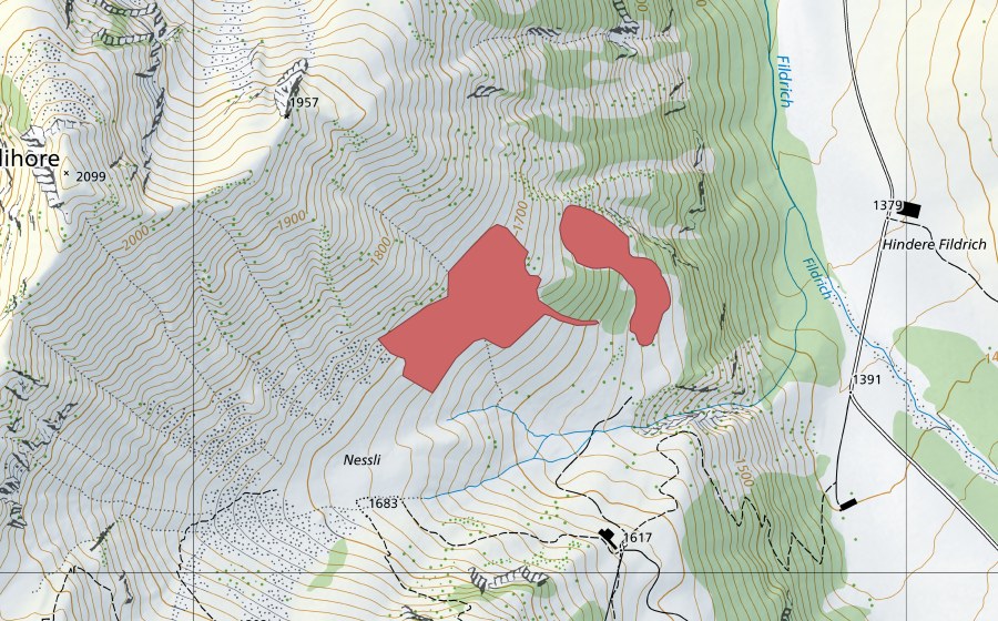 Carte nationale swisstopo avec le périmètre protégé de Nessli (Prairie sèche)