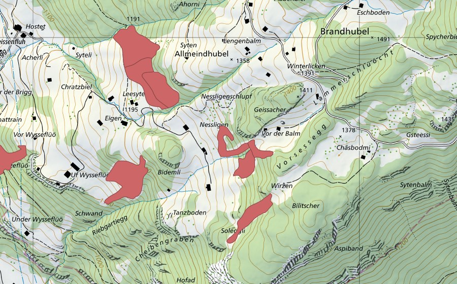 Carte nationale swisstopo avec le périmètre protégé de Nessligen (Prairie sèche)