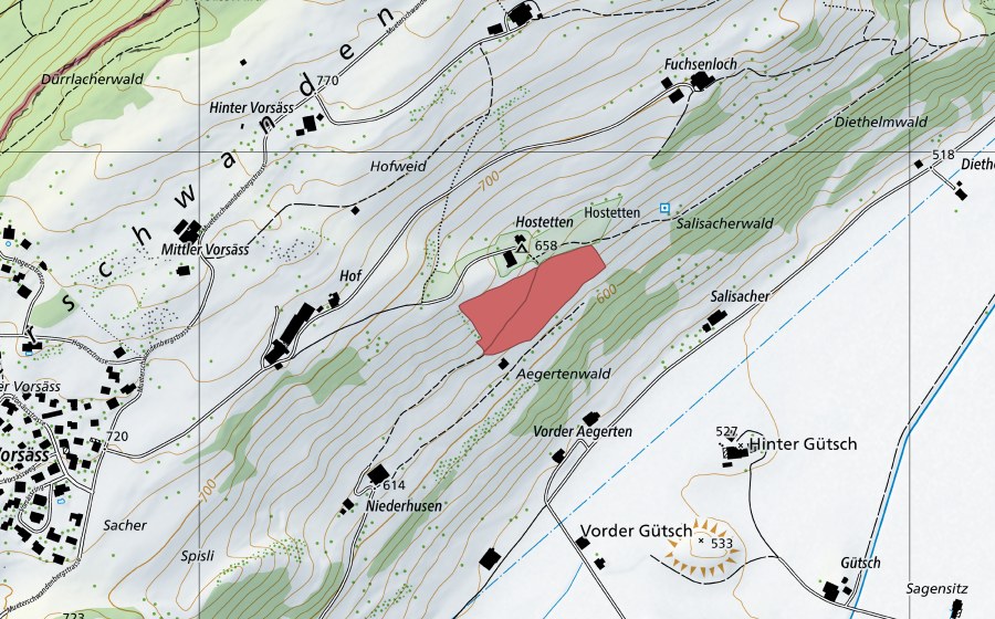 Carte nationale swisstopo avec le périmètre protégé de Niderhusen (Prairie sèche)