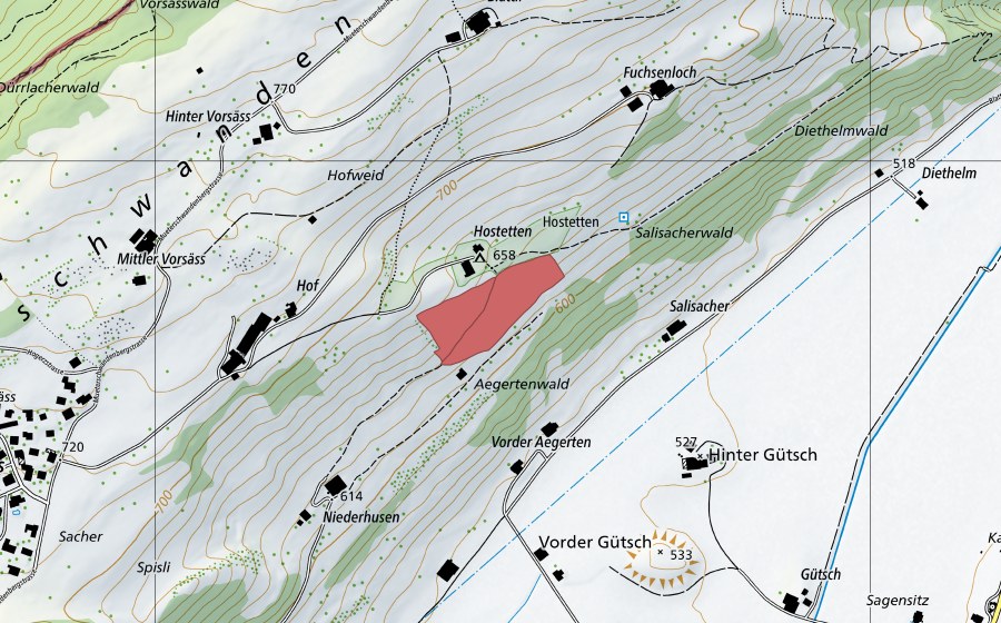 Carte nationale swisstopo avec le périmètre protégé de Niderhusen (Prairie sèche)