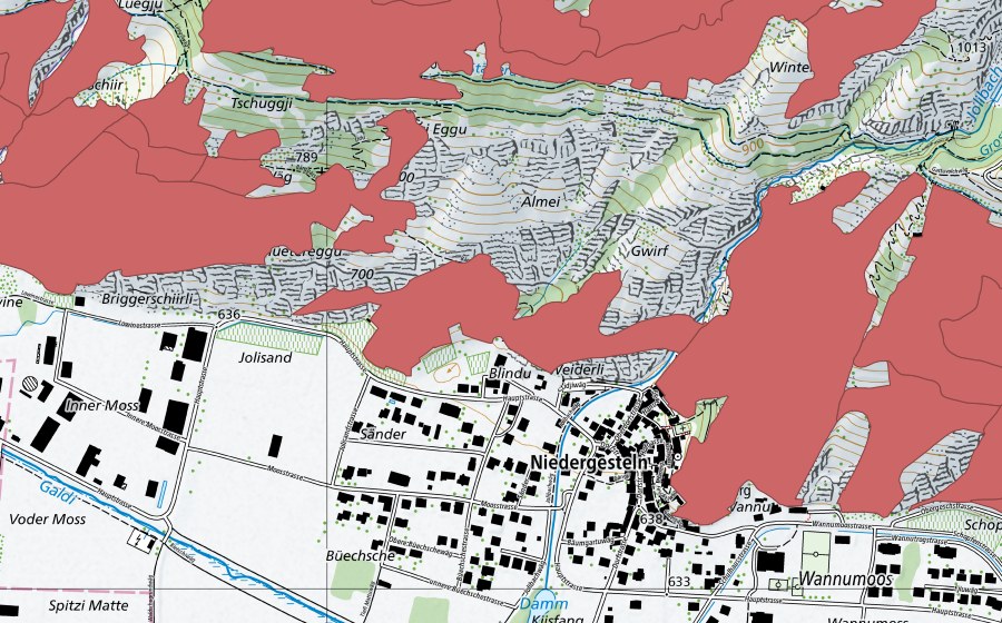 Carte nationale swisstopo avec le périmètre protégé de Niedergesteln (Prairie sèche)
