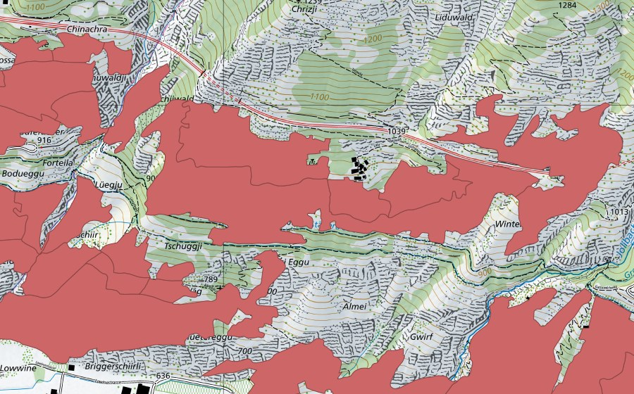 Carte nationale swisstopo avec le périmètre protégé de Niedergesteln (Prairie sèche)