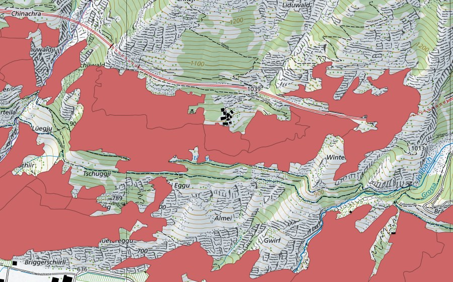 Landeskarte swisstopo mit dem Schutzperimeter von Niedergesteln (Trockenwiese)