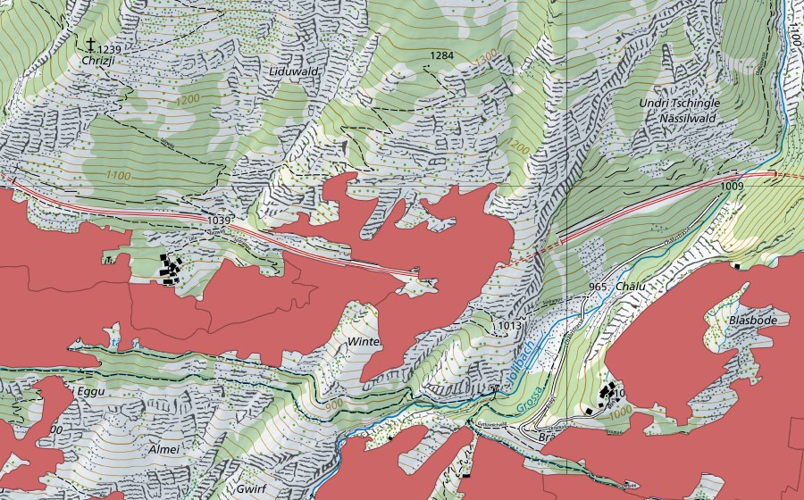 Carte nationale swisstopo avec le périmètre protégé de Niedergesteln (Prairie sèche)