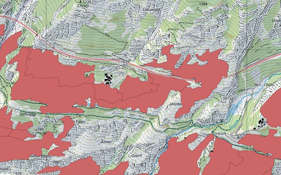 Carte nationale swisstopo avec le périmètre protégé de Niedergesteln (Prairie sèche)