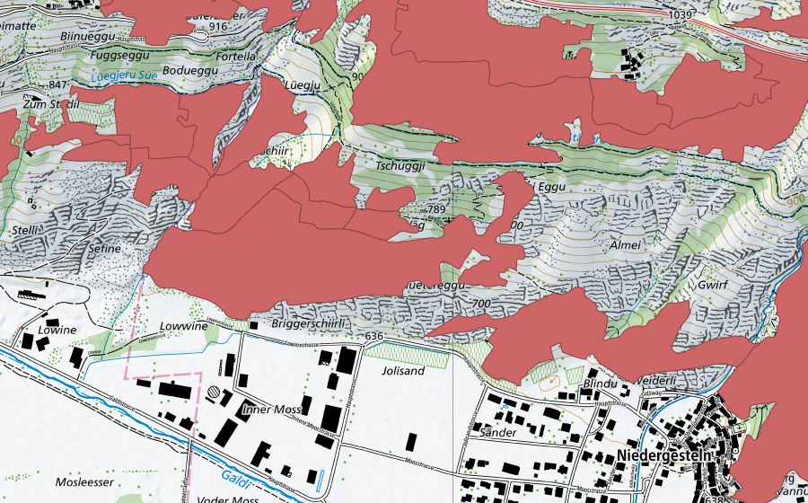 Landeskarte swisstopo mit dem Schutzperimeter von Niedergesteln (Trockenwiese)