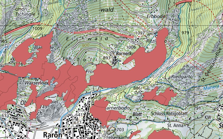 swisstopo national map showing the protected perimeter of Niedergesteln (Dry meadow)