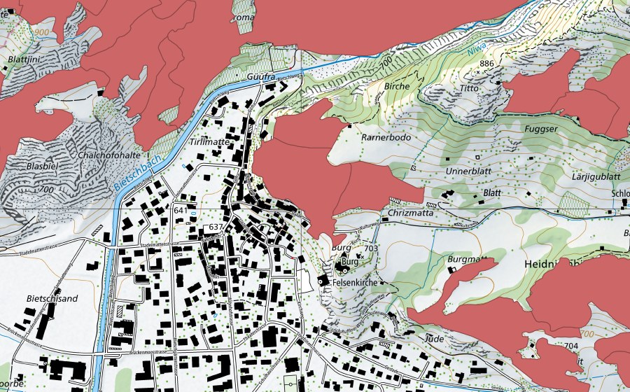 Carte nationale swisstopo avec le périmètre protégé de Niedergesteln (Prairie sèche)