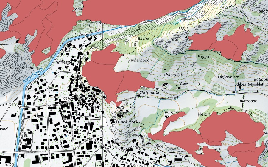 Carte nationale swisstopo avec le périmètre protégé de Niedergesteln (Prairie sèche)