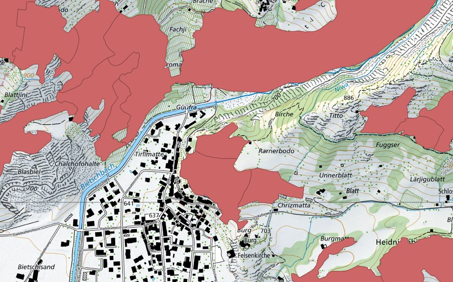 Carte nationale swisstopo avec le périmètre protégé de Niedergesteln (Prairie sèche)