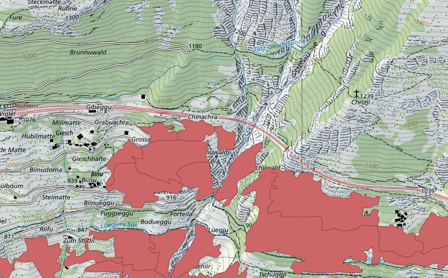 Carte nationale swisstopo avec le périmètre protégé de Niedergesteln (Prairie sèche)