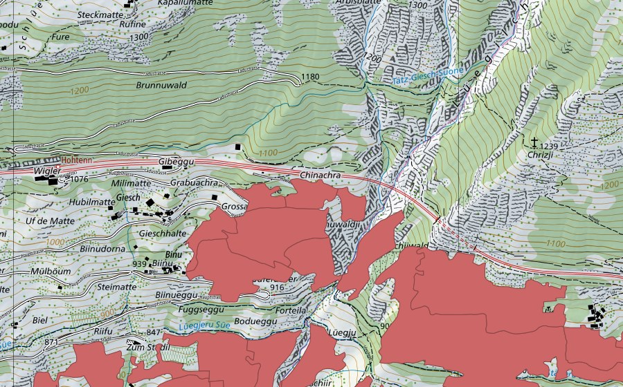 Landeskarte swisstopo mit dem Schutzperimeter von Niedergesteln (Trockenwiese)