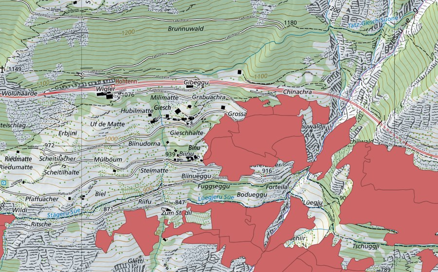 Carte nationale swisstopo avec le périmètre protégé de Niedergesteln (Prairie sèche)