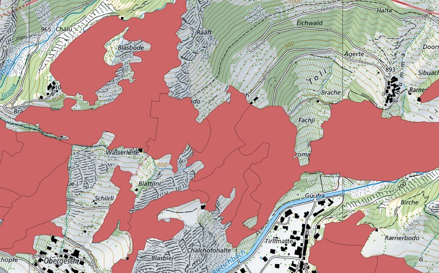 Landeskarte swisstopo mit dem Schutzperimeter von Niedergesteln (Trockenwiese)