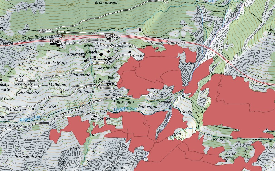 Landeskarte swisstopo mit dem Schutzperimeter von Niedergesteln (Trockenwiese)