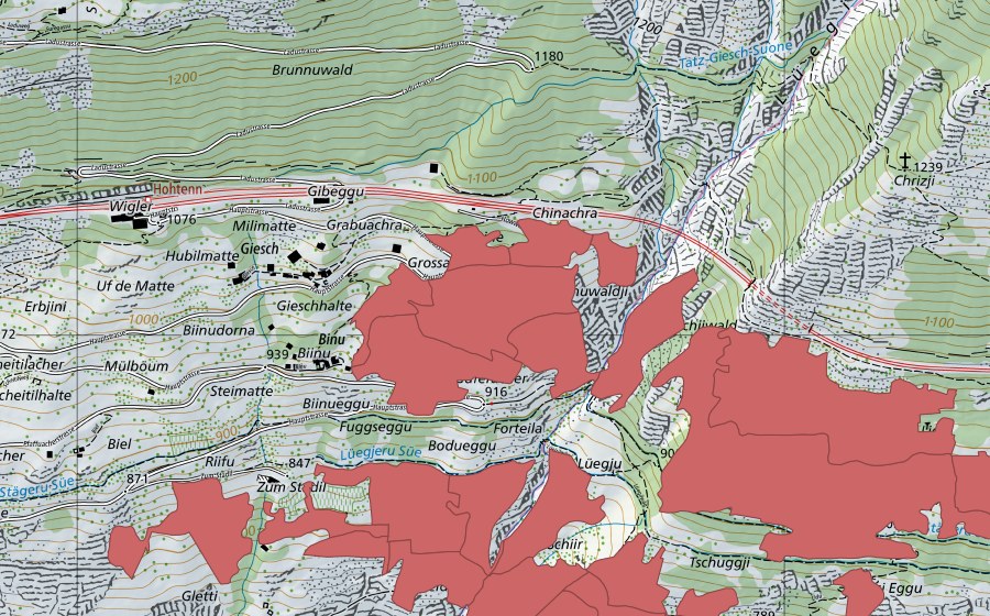 Landeskarte swisstopo mit dem Schutzperimeter von Niedergesteln (Trockenwiese)