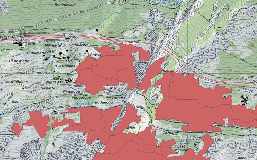 Carte nationale swisstopo avec le périmètre protégé de Niedergesteln (Prairie sèche)