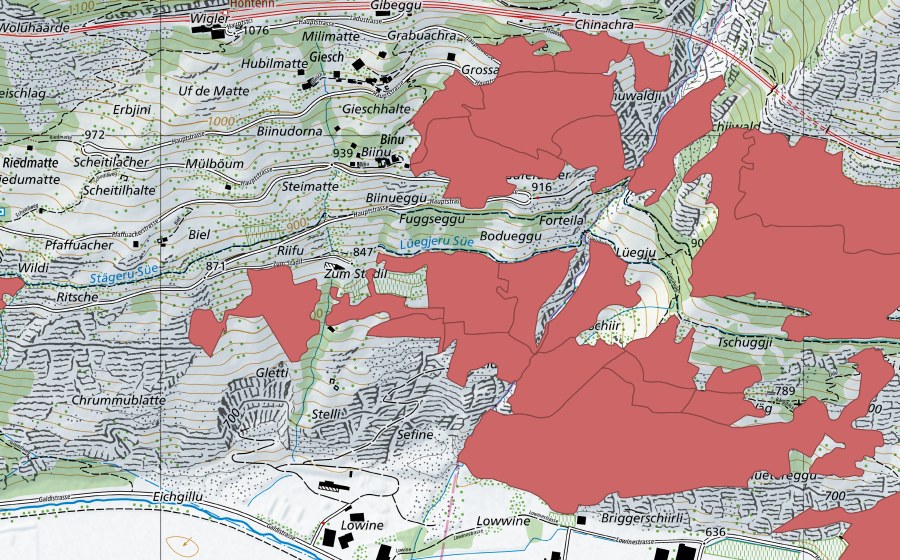 Carte nationale swisstopo avec le périmètre protégé de Niedergesteln (Prairie sèche)
