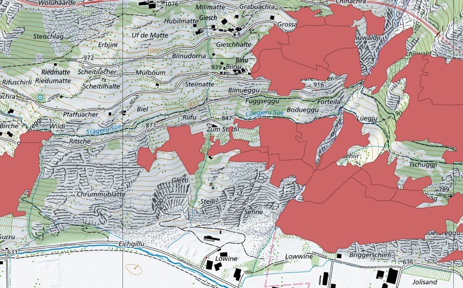 Carte nationale swisstopo avec le périmètre protégé de Niedergesteln (Prairie sèche)