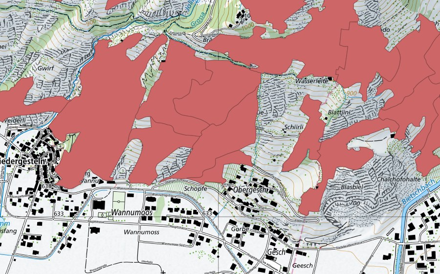 Landeskarte swisstopo mit dem Schutzperimeter von Niedergesteln (Trockenwiese)