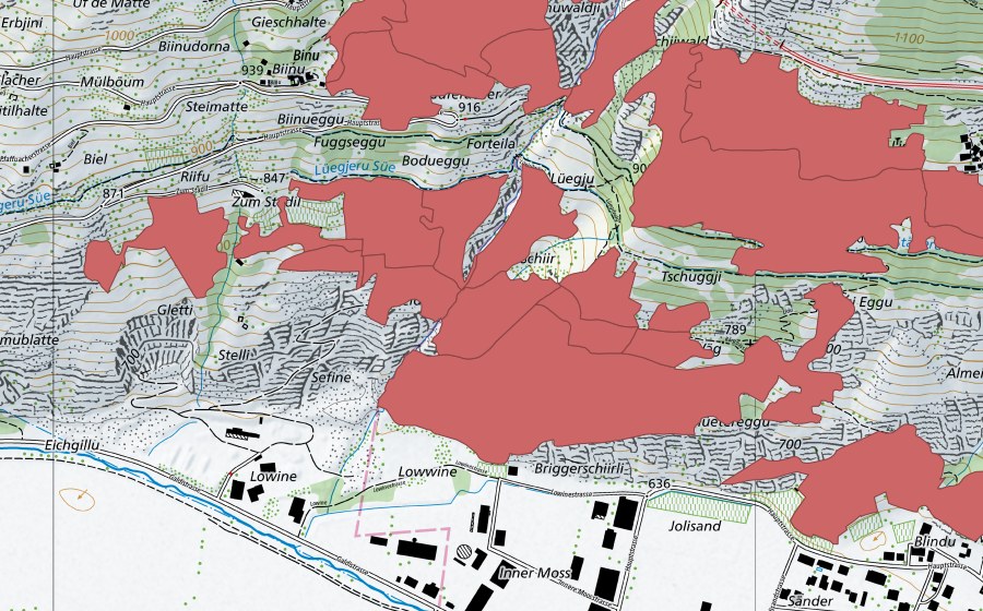 Carte nationale swisstopo avec le périmètre protégé de Niedergesteln (Prairie sèche)