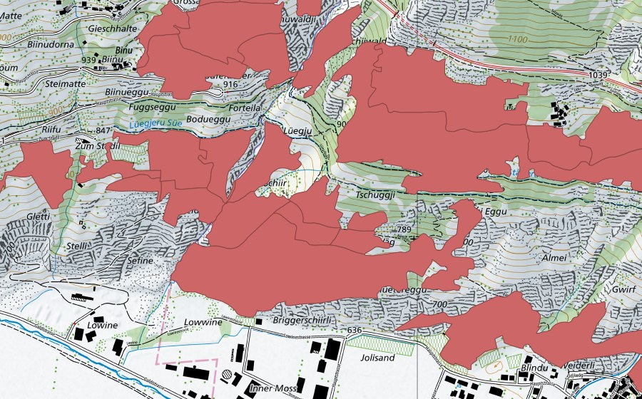 Carte nationale swisstopo avec le périmètre protégé de Niedergesteln (Prairie sèche)