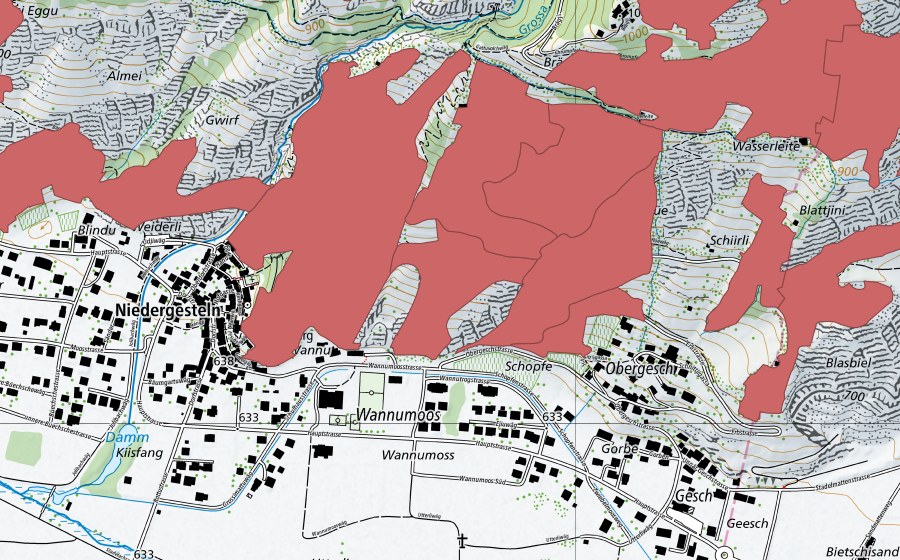Carte nationale swisstopo avec le périmètre protégé de Niedergesteln (Prairie sèche)