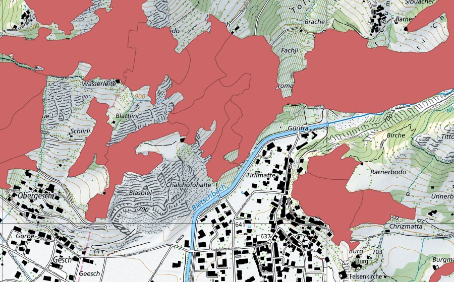 Carte nationale swisstopo avec le périmètre protégé de Niedergesteln (Prairie sèche)