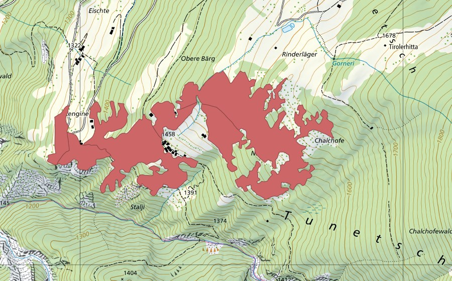 Landeskarte swisstopo mit dem Schutzperimeter von Niesch (Trockenwiese)