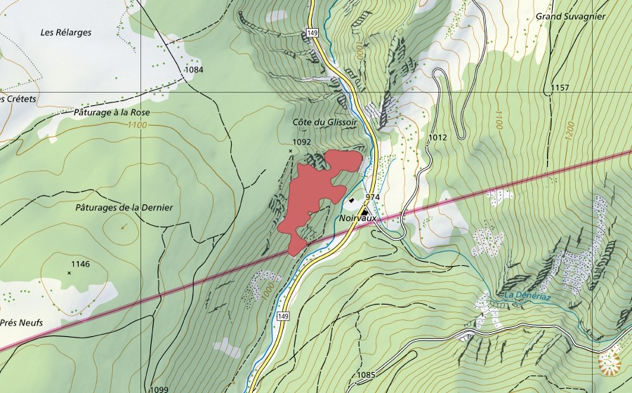 swisstopo national map showing the protected perimeter of Noirvaux (Dry meadow)